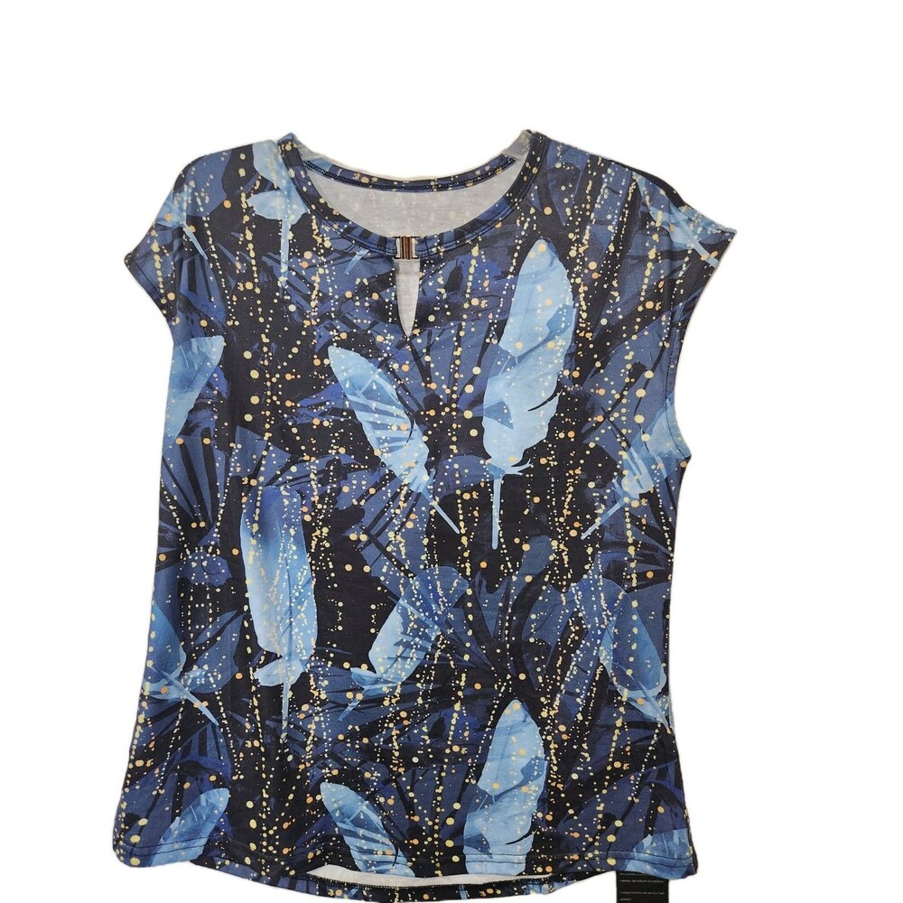 NWT Kistore Women's Top L Blue Stretch Knit Sleeveless Pullover Shirt Keyhole